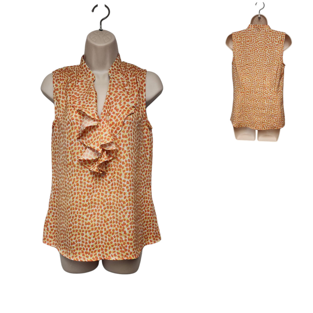 Ann Taylor Animal Print Orange & Yellow Notched V-Neck  Sleeveless Top Blouse  S